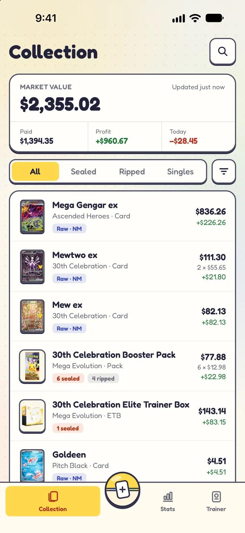 Holofile’s Collection screen: the collection’s market value, profit and today’s change, and a list of cards and sealed product with what each is worth.