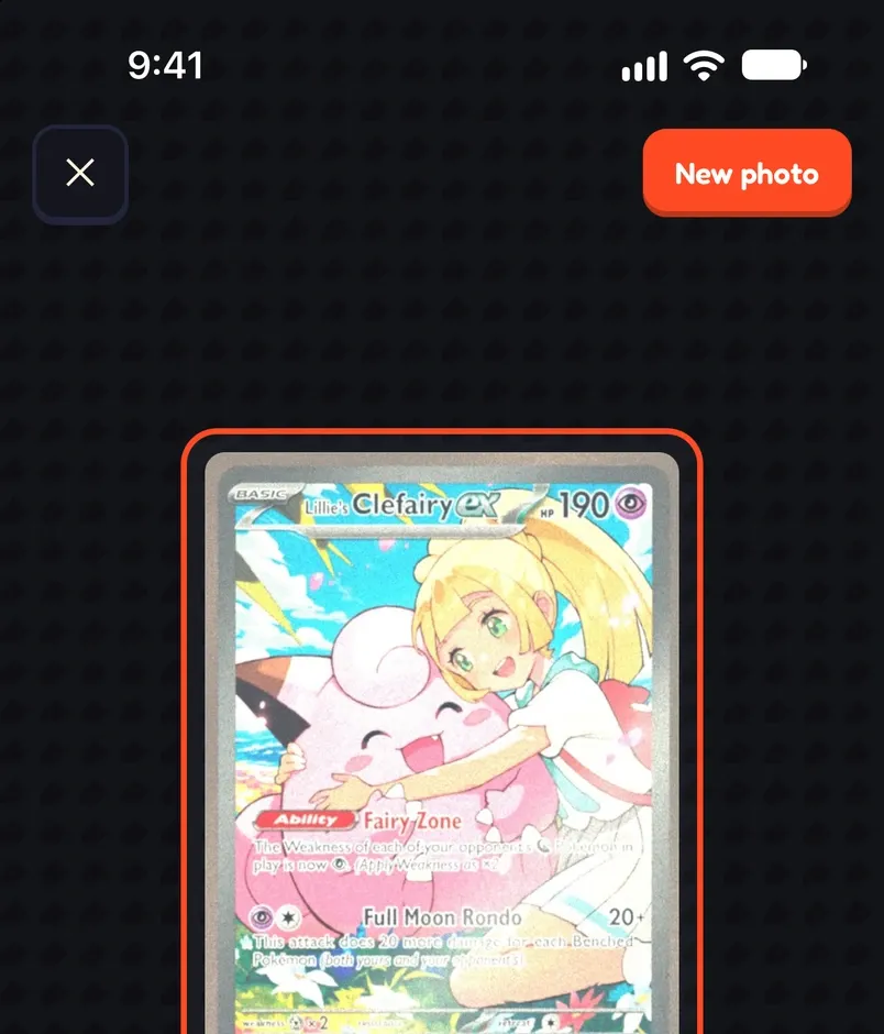 A scan in Trainer Dark: the scanner outlines Lillie’s Clefairy ex and reads it.