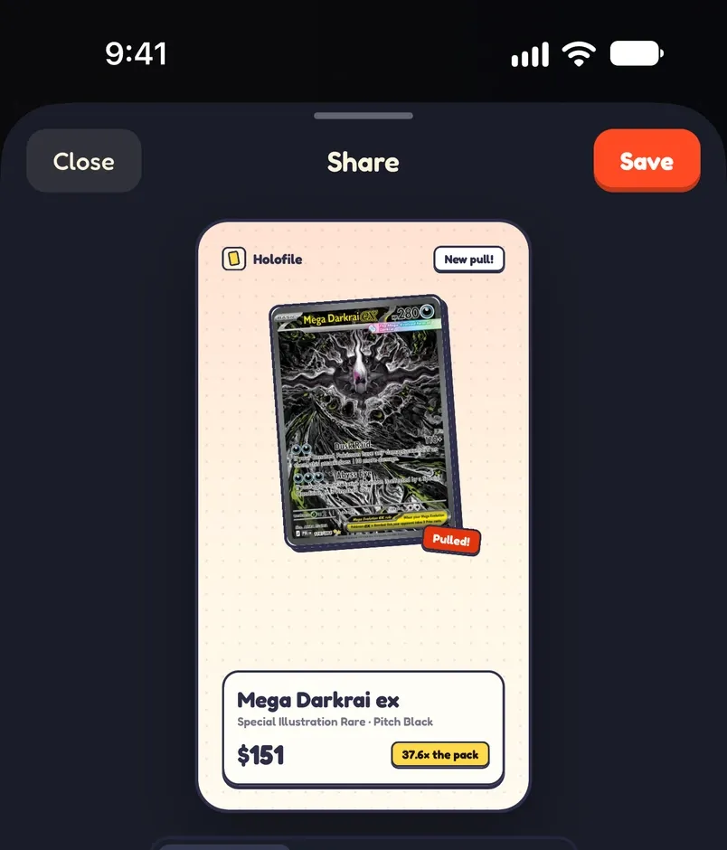 The share sheet in Trainer Dark with a Mega Darkrai ex pull card ready to save.